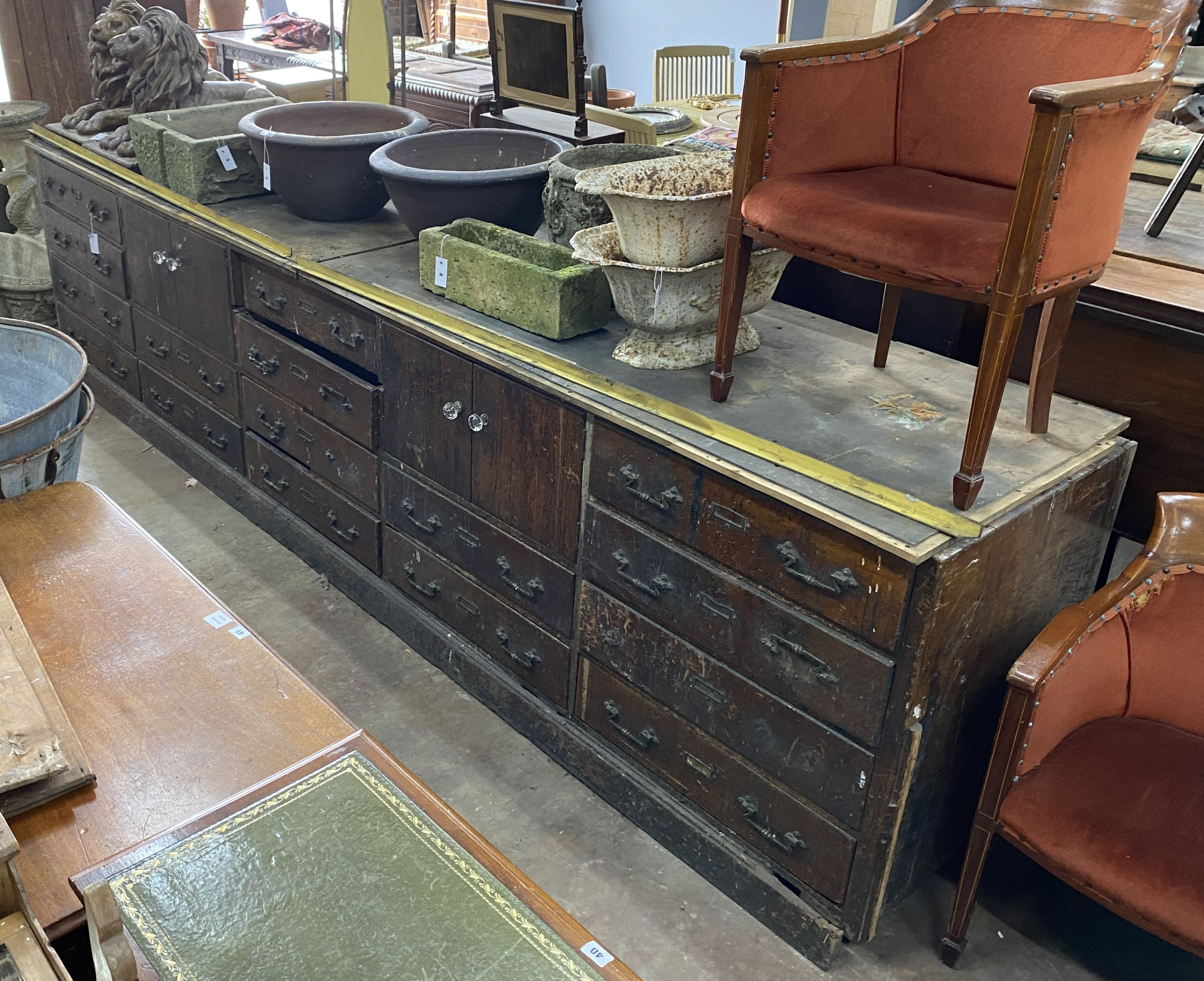 A Victorian and later brass mounted shop counter, length 361cm, depth 77cm, height 90cm